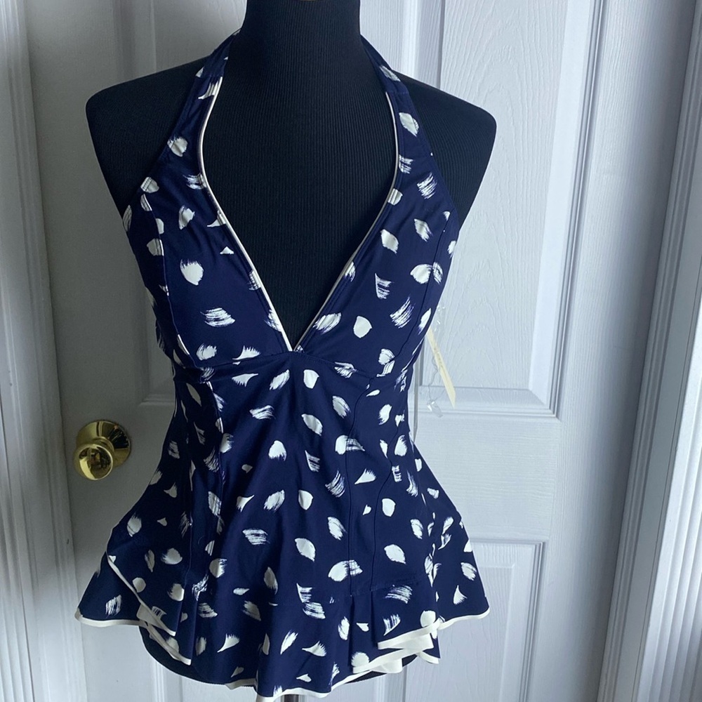 Gottex Halter Tankini Top Swimwear Navy White Deep V Ruffle Sz 12 NWT